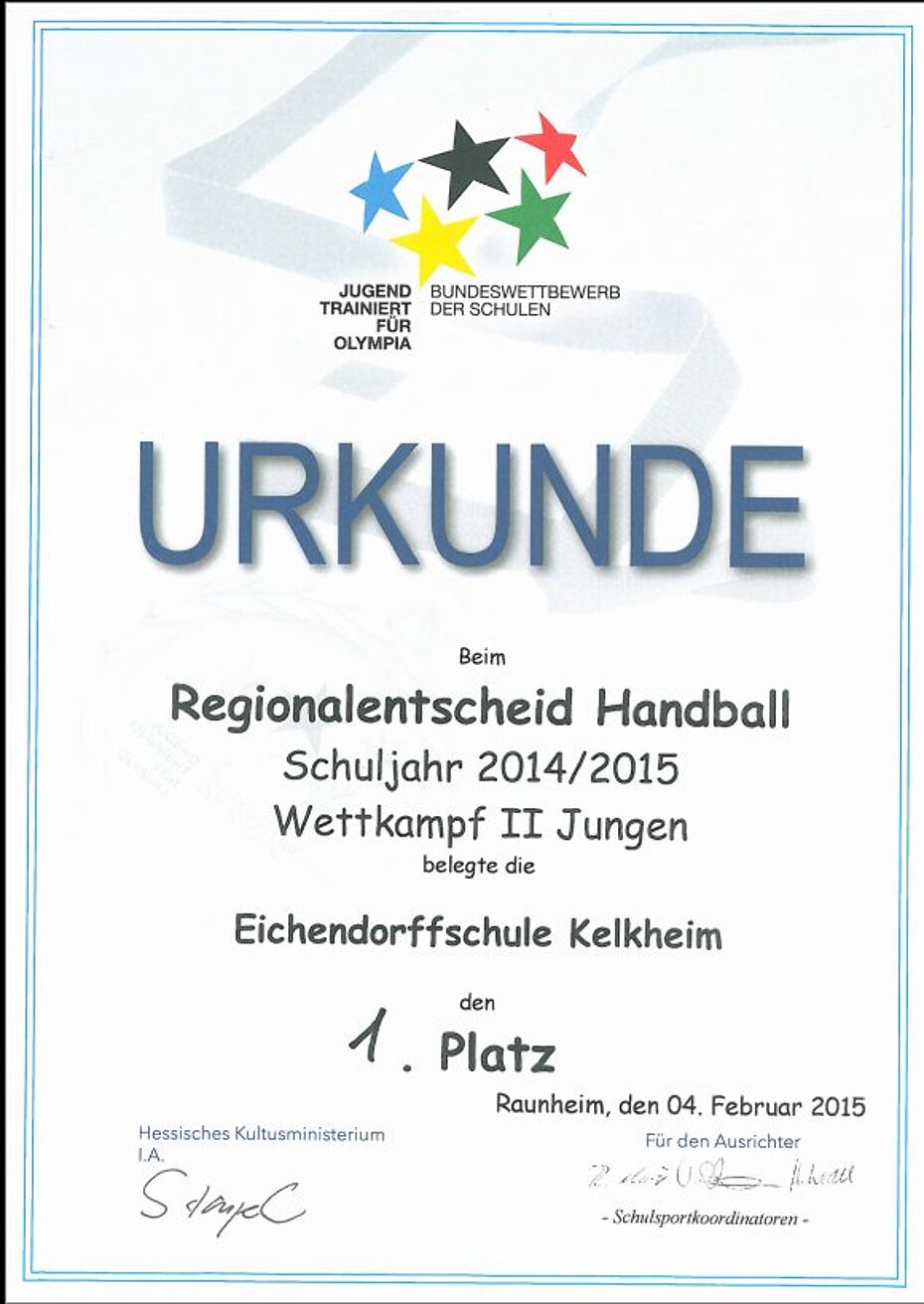 Regionalentscheid Handball WK II 2014-15 Urkunde